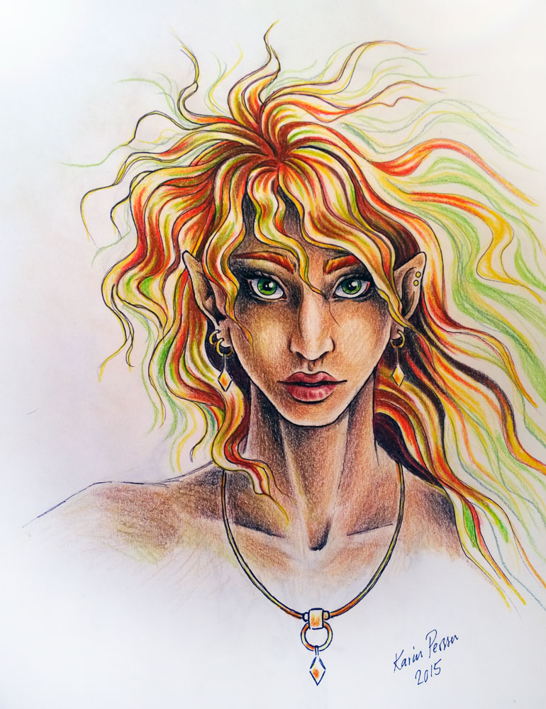 Imaginary Karin - green-eyed elf traditional drawing