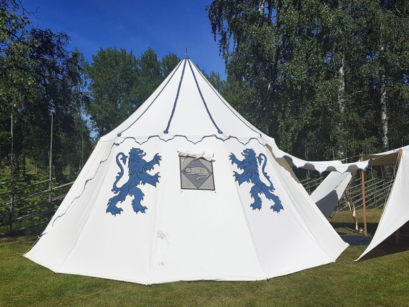 Medieval tent decorated with painted lions