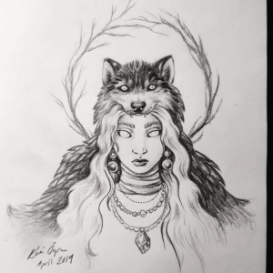 graphite drawing of woman with wolf headdress